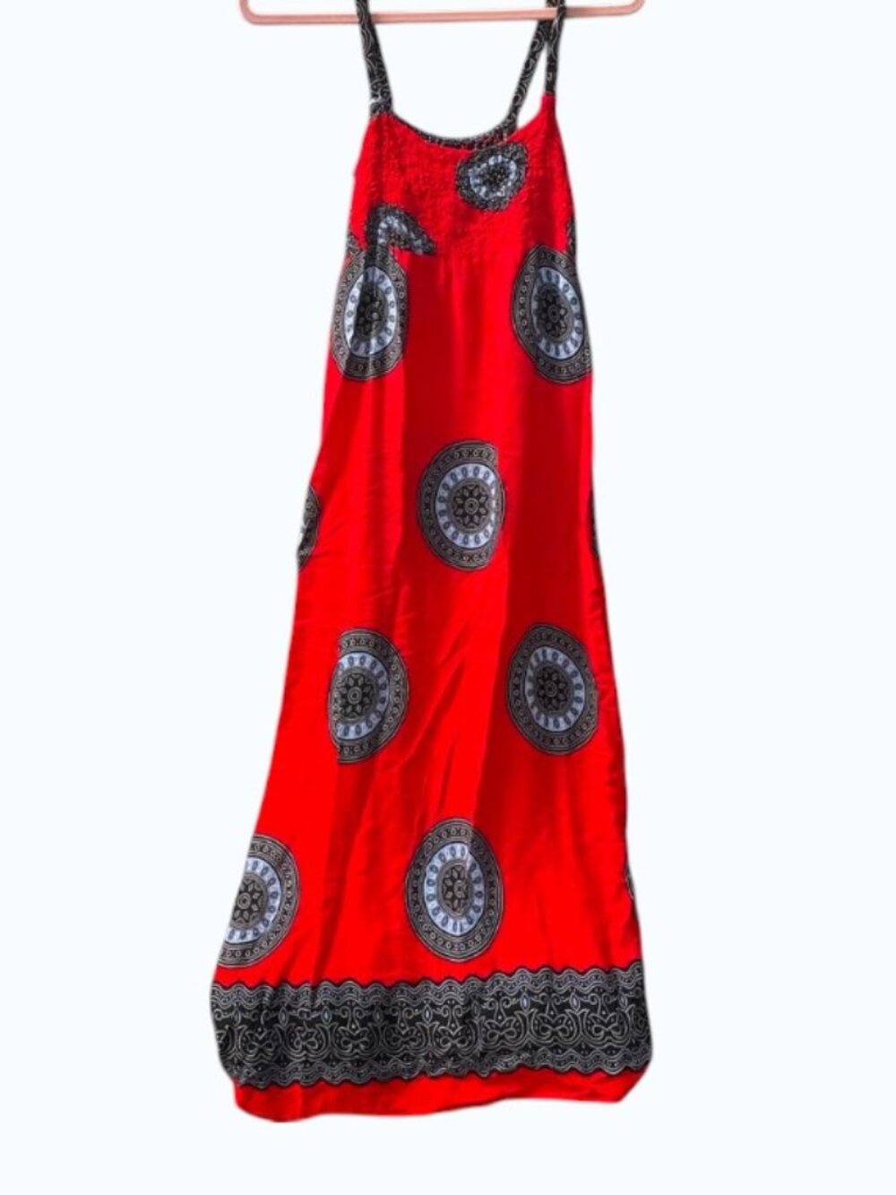 Vibrant Red Medallion Print Smocked Bodice Boho Maxi Dress
